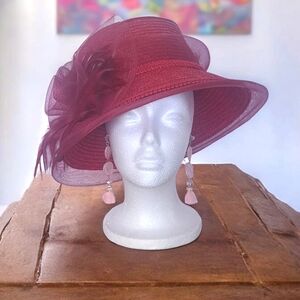 Fancy Red Straw & Tulle Statement Women's Hat Big Flower Feathers Derby 22"